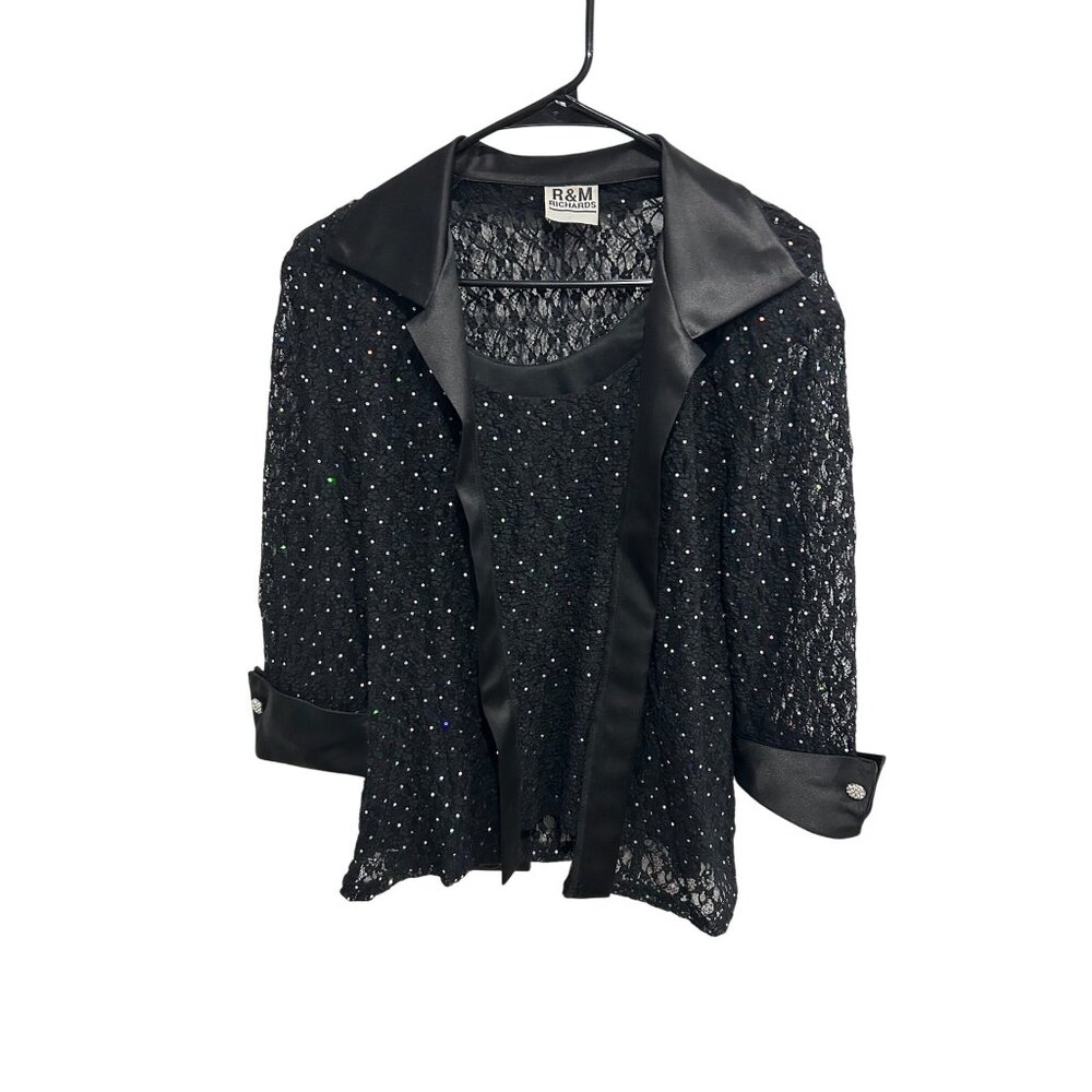 Vintage R&M Richards Lace Top Jacket Set Black 3/4 Sleeve Rhinestone Embellished